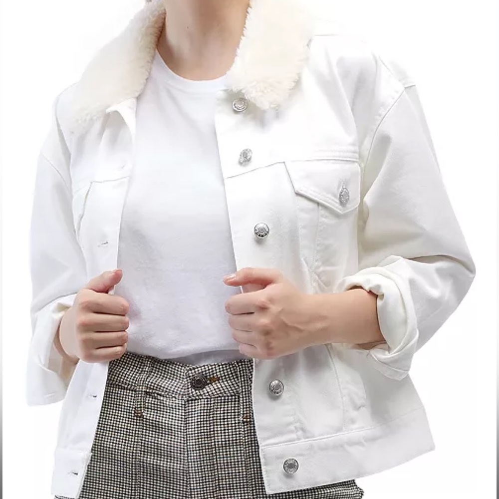 NWOT OAT Sherpa-Collar Denim Jacket in White Medium